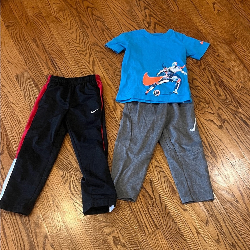 Nike Kids Athletic Joggers Pair - Black, Gray & Red Accents and shirt